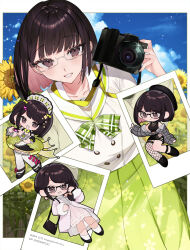 1girl ankle_strap apron beret black-framed_eyewear black_dress black_hair black_hat black_shoes black_skirt black_tank_top blue_sky blunt_bangs blunt_ends blush border bow bow_legwear bowtie breasts brown_eyes buttons camera camera_around_neck chibi cloud coat colored_inner_hair commentary_request cowboy_shot dated day dot_nose double-breasted dress earrings eyelashes field fishnet_pantyhose fishnets floral_print_skirt flower flower_field glasses glint green_bow green_bowtie green_skirt grey_jacket grin hair_bow hand_up happy_birthday hat headdress heart highres holding holding_camera jacket jewelry kotobuki_(medetai) large_breasts leaning_forward light_particles lips long_sleeves looking_at_viewer looking_to_the_side maid medium_hair miniskirt multicolored_hair multiple_views nijisanji off_shoulder open_mouth outdoors outside_border pantyhose pink_bow pink_coat pink_dress pink_hair plaid_bow plaid_bowtie plaid_clothes pleated_skirt polaroid_photo sailor_collar see-through_dress_layer semi-rimless_eyewear seto_miyako seto_miyako_(1st_costume) seto_miyako_(2nd_costume) seto_miyako_(3rd_costume) seto_miyako_(4th_costume) shirt shoes single_leg_pantyhose skirt sky smile socks solo straight_hair sunflower sunflower_field tank_top thigh_strap thighhighs two-tone_hair virtual_youtuber white-framed_eyewear white_apron white_border white_mouth white_sailor_collar white_shirt white_socks white_thighhighs yellow_bow