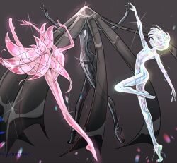 Rule 34 | 3others, absurdly long hair, arm up, arms up, ass, barefoot, black background, black gemstone, black hair, black skin, bob cut, bort, colored skin, completely nude, dancing, diamond (gemstone), diamond (houseki no kuni), facing away, facing up, floating hair, gem, highres, houseki no kuni, knee up, leg lift, long hair, morganite (houseki no kuni), multicolored hair, multiple others, nude, nukumorineko, other focus, outstretched arms, pink gemstone, plantar flexion, reaching, short hair, simple background, standing, standing on one leg, streaked hair, translucent hair, twitter username, very long hair, white gemstone, white hair, white skin