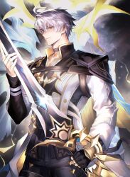 Rule 34 | 1boy, antenna hair, black choker, black gloves, black pants, black shirt, blue cape, blue eyes, cape, choker, coat, commentary, cowboy shot, fingerless gloves, glint, gloves, hair between eyes, halo, halo behind head, highres, holding, holding sword, holding weapon, honkai: star rail, honkai (series), looking at viewer, male focus, pants, phainon (honkai: star rail), shirt, short hair, single glove, solo, sun symbol, sun tattoo, sword, tan, tappeee, weapon, white coat, white hair
