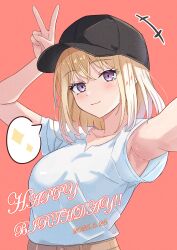 Rule 34 | 1girl, absurdres, arm up, armpits, bang dream!, bang dream! it&#039;s mygo!!!!!, baseball cap, beniyomogi, black hat, blonde hair, blush, breasts, closed mouth, commentary request, dated, happy birthday, hat, highres, long hair, looking at viewer, medium breasts, medium hair, misumi uika, pink background, purple eyes, shirt, short sleeves, simple background, solo, upper body, v, variant set, white shirt