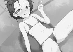 1girl absurdres awkward ball bikini dabuki exercise_ball flat_chest highres loli looking_at_viewer medalist_(manga) micro_bikini navel smile solo stomach swimsuit v yuitsuka_inori