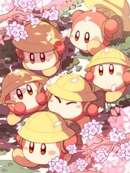 5boys backpack bag blush_stickers bright_pupils brown_bag cherry_blossoms closed_eyes day falling_petals from_above full_body hands_up hat hoshikuzu_pan kirby_(series) looking_at_another looking_up multiple_boys nintendo no_humans no_nose orange_eyes outdoors petals randoseru school_hat spring_(season) unworn_hat unworn_headwear waddle_dee walking white_pupils yellow_hat