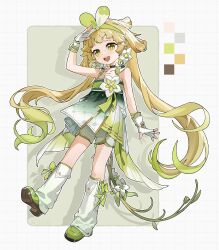 1girl :d absurdres arm_up bare_shoulders blonde_hair bow child chinese_commentary choker commentary_request commission dress fingerless_gloves flower full_body gloves gradient_hair green_dress green_eyes green_hair green_hairband hairband highres long_hair looking_at_viewer mo_xiaolan multicolored_hair open_mouth shoes shorts sleeveless smile socks solo tachi-e teeth twintails two-tone_hair verina_(wuthering_waves) very_long_hair white_background white_flower white_gloves white_shorts white_socks wuthering_waves yellow_pupils