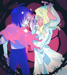 1girl 1other animal_ears antlers armored_gloves beryllium_game blonde_hair blue_hair blue_skin cape colored_skin commentary covering_own_mouth deer_antlers deer_ears deer_girl deltarune hashtag-only_commentary highres holding_another&#039;s_wrist hood hood_up hooded_robe horns kris_(dark_world)_(deltarune) kris_(deltarune) long_hair noelle_holiday noelle_holiday_(dark_world) pink_cape robe short_hair thorns weird_route_(deltarune) white_robe