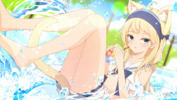 1girl ahoge animal_ears bare_shoulders barefoot bikini blonde_hair blue_bow blue_eyes blue_hairband blurry blurry_background bow cat_ears cat_girl cat_tail collarbone commentary_request coreytaiyo cup day depth_of_field disposable_cup drinking_straw frilled_bikini frilled_sailor_collar frills hair_bow hairband highres holding holding_cup innertube long_hair looking_at_viewer original outdoors parted_lips sailor_collar solo swim_ring swimsuit tail transparent water white_bikini white_sailor_collar