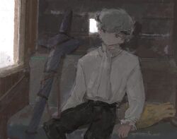 1boy 4sssst bag black_horns black_pants closed_mouth commentary_request grey_eyes grey_hair highres horns indoors long_sleeves male_focus metaphor:_refantazio pants shirt sitting solo strohl_(metaphor:_refantazio) weapon_bag white_shirt