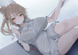 1girl bow breasts brown_hair cevio closed_mouth commentary_request commission dress dress_bow dutch_angle frilled_dress frills hair_bun highres large_breasts looking_at_viewer orange_eyes puffy_short_sleeves puffy_sleeves rain satou_sasara short_sleeves side_ponytail single_hair_bun single_side_bun skeb_commission smile solo thighs wet wet_clothes wet_face wet_hair white_bow white_dress yappen