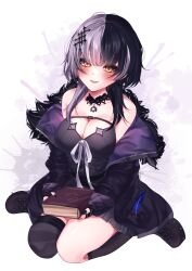1girl black_boots black_choker black_coat black_dress black_hair black_nails black_thighhighs book boots breasts choker cleavage coat dress fur-trimmed_coat fur_trim grey_hair highres holding holding_book hololive hololive_english large_breasts long_hair looking_at_viewer medium_breasts multicolored_hair open_mouth purple_coat reianly ribbon shiori_novella shiori_novella_(1st_costume) single_thighhigh sitting solo split-color_hair striped_clothes striped_thighhighs thighhighs two-sided_coat two-sided_fabric two-tone_hair virtual_youtuber wariza white_ribbon yellow_eyes