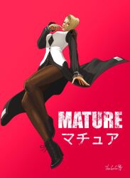 1girl blonde_hair blue_eyes breasts chenguogogo dress female_focus formal_clothes hair_bun heel_up large_breasts long_hair long_sleeves looking_at_viewer mature_(kof) nostalgia_funhouse see-through_clothes shoes skirt socks suit the_king_of_fighters thick_thighs thighs wide_hips