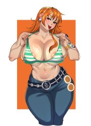 1girl absurdres areola_slip belt bikini bikini_top_only blush bracelet breast_lift breasts brown_eyes cleavage curvy drakkaiart earrings female_focus highres huge_breasts jewelry long_hair looking_at_viewer nami_(one_piece) navel one_piece orange_hair simple_background skindentation solo swimsuit tattoo thick_thighs thighs tongue tongue_out