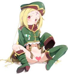 blonde_hair blush boots bottomless censored closed_mouth commentary_request cosplay cropped_jacket dot_mouth facial_mark forehead forehead_mark full_body green_boots green_hat green_jacket hand_up hat heart heart_censor high_heel_boots high_heels highres jacket leoparde_(mahou_shoujo_ni_akogarete) leoparde_(mahou_shoujo_ni_akogarete)_(cosplay) loli long_hair looking_at_viewer mahou_shoujo_ni_akogarete medal military_hat military_jacket morino_korisu navel nekono_matatabi parted_bangs red_eyes simple_background sitting sleeves_past_fingers sleeves_past_wrists solo spread_legs thigh_boots very_long_sleeves white_background