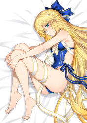 1girl artoria_caster_(fate) artoria_caster_(swimsuit)_(fate) artoria_caster_(swimsuit)_(third_ascension)_(fate) artoria_caster_(swimsuit_berserker)_(fate) artoria_caster_(swimsuit_berserker)_(third_ascension)_(fate) artoria_caster_(third_ascension)_(fate) artoria_pendragon_(fate) bare_arms bare_legs bare_shoulders barefoot bed_sheet blonde_hair blue_bow blue_one-piece_swimsuit blue_ribbon bow commentary_request fate/grand_order fate_(series) feet green_eyes long_hair lying multicolored_ribbon namonashi on_side one-piece_swimsuit ribbon simple_background solo swimsuit very_long_hair