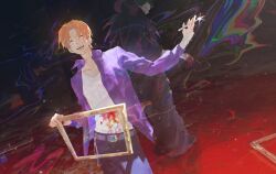 2boys belt black_eyes black_hair blood charm_(object) dress fate/zero fate_(series) gilles_de_rais_(caster)_(fate) gilles_de_rais_(fate) grey_hair highres jacket jewelry male_focus multiple_boys orange_hair panties purple_jacket scalpel shirt short_hair smile uda_(xax_057) underwear uryuu_ryuunosuke weapon