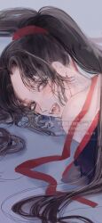 1boy bare_shoulders black_hair black_hanfu blush breath chinese_clothes drooling eyelashes fang grey_eyes hair_ribbon hanfu highres long_hair looking_at_viewer lying male_focus modao_zushi off_shoulder ojisan_rbt on_stomach open_mouth parted_bangs ponytail red_ribbon ribbon saliva simple_background solo teeth tongue tongue_out twitter_username watermark wei_wuxian