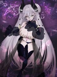 1girl absurdres bare_shoulders black_hands black_panties black_thighhighs body_markings breasts cleavage colored_extremities crossed_bangs demon_girl demon_horns detached_collar earrings fate/grand_order fate_(series) feathered_wings fur-trimmed_jacket fur_trim green_eyes grey_hair hair_between_eyes highres horns huge_breasts itswaaves jacket jewelry lace_trim lilith_(fate) lilith_(third_ascension)_(fate) long_hair long_sleeves looking_at_viewer navel panties pointy_ears puffy_long_sleeves puffy_sleeves skeletal_tail solo stomach_tattoo tattoo thighhighs thighs tongue tongue_out underwear very_long_hair wings