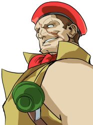 1boy bengus beret brown_hair capcom explosive from_side game_cg grenade hat highres looking_at_viewer male_focus military muscular muscular_male non-web_source official_art portrait red_scarf rolento scar scar_on_face scarf short_hair simple_background sleeveless smile solo street_fighter street_fighter_zero_(series) upper_body v-shaped_eyebrows white_background