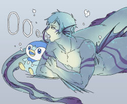 1boy air_bubble blue_background blue_hair blue_skin bubble colored_skin commentary_request crossed_arms crossover eel_boy fins floyd_leech gen_4_pokemon gills head_fins looking_to_the_side lying male_focus monster_boy munmun0_0 nintendo on_stomach piplup pokemon pokemon_(creature) sharp_teeth short_hair simple_background solo teeth twisted_wonderland underwater