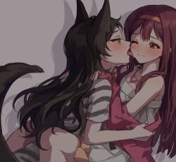 Rule 34 | 2girls, absurdres, animal ears, blush, brown eyes, brown hair, eye contact, face-to-face, hairband, hands on another&#039;s shoulders, hano9789, heart, heart necklace, highres, idolmaster, idolmaster million live!, jewelry, kemonomimi mode, kitazawa shiho, licking, licking another&#039;s face, long hair, looking at another, multiple girls, necklace, one eye closed, red hair, shirt, short sleeves, sitting, striped clothes, striped shirt, tail, tanaka kotoha, yellow hairband, yuri