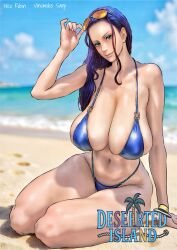1girl absurdres b_0_rukia bikini black_hair breasts character_name highres large_breasts nico_robin ocean one_piece sand solo sunglasses swimsuit thick_thighs thighs toned toned_female