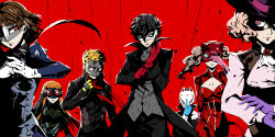10s 3boys 4girls amamiya_ren bodysuit braid cat_mask club3 crown_braid domino_mask everyone fox_mask gloves goggles highres kitagawa_yuusuke looking_at_viewer mask multiple_boys multiple_girls niijima_makoto okumura_haru persona persona_5 sakamoto_ryuuji sakura_futaba scarf takamaki_anne