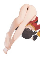 1girl absurdres ass barefoot black_gloves black_hair black_panties closed_eyes closed_mouth clothes_lift commentary dress dress_lift feet fingerless_gloves foot_focus full_body gloves highres huge_filesize kneepits kono_subarashii_sekai_ni_shukufuku_wo! legs long_sleeves megumin panties red_dress short_hair simple_background soles solo thighs thong underwear upside-down white_background ynnk_lc