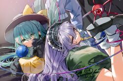 Rule 34 | 2girls, alternate hair length, alternate hairstyle, black footwear, frills, gotoh (nekocat), green eyes, green skirt, grey hair, hat, hat ribbon, head on another&#039;s back, komeiji koishi, komeiji satori, lying, multiple girls, on stomach, purple eyes, purple hair, red eyes, ribbon, siblings, sisters, skirt, third eye, touhou