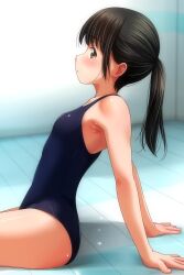 1girl absurdres arm_support bare_arms black_hair black_one-piece_swimsuit blush brown_eyes closed_mouth dated highres indoors long_hair looking_at_viewer matsunaga_kouyou one-piece_swimsuit original ponytail sidelocks sideways_glance sitting solo swimsuit thighs