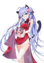 Rule 34 | 1girl, absurdres, adjusting eyewear, ahoge, animal, animal ears, bare arms, bare shoulders, blue hair, blush, boar, braid, braided bun, breasts, carrying, cat ears, cat girl, cat tail, china dress, chinese clothes, chinese zodiac, commentary request, double bun, dress, female focus, flower, garter straps, glasses, green eyes, hair bun, hair flower, hair ornament, hair ribbon, hand on eyewear, head tilt, highres, lifting another&#039;s clothes, long hair, looking at viewer, medium breasts, mo xiaoxue, new year, original, parted lips, pelvic curtain, pink flower, red dress, red ribbon, ribbon, semi-rimless eyewear, side slit, sidelocks, simple background, sleeveless, sleeveless dress, solo, standing, tail, thighhighs, thighs, under-rim eyewear, v-shaped eyebrows, very long hair, white-framed eyewear, white background, white thighhighs