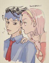 1boy 1girl absurdres black_eyes black_hair blue_headband blue_shirt collared_shirt diamond_wa_kudakenai dress_shirt earrings hairband hand_on_another&#039;s_shoulder headband highres jewelry jojo_no_kimyou_na_bouken kishibe_rohan looking_at_another necktie open_mouth pink_eyes pink_hair raised_eyebrow red_necktie shirt sigh sketch stud_earrings sugimoto_reimi t_0nd yellow_hairband