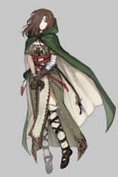 1girl bandaged_arm bandages breasts brown_eyes brown_gloves brown_hair brown_shoes cloak commentary dark_souls_(series) dark_souls_ii dress emerald_herald frmtanoshingo full_body gloves green_cloak green_dress grey_background hair_over_one_eye hashtag-only_commentary highres large_breasts looking_at_viewer medium_hair pelvic_curtain pouch red_ribbon ribbon shoes simple_background solo symbol-only_commentary