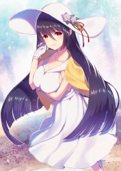 arm_under_breasts bellflower black_hair capelet closed_mouth dress flower gloves half-closed_eyes hand_on_own_face hat high_heels knot long_hair mutsu-no-kami_yoshiyuki_(tenka_hyakken) okanoyuno red_eyes sailor_collar sidelocks sleeveless sun_hat tenka_hyakken white_dress