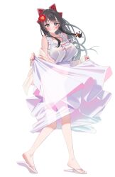 1girl agnamore bare_shoulders black_hair blue_eyes blush bow braid dress flower grin hair_between_eyes hair_flower hair_ornament highres jacket long_hair looking_at_viewer red_bow red_flower red_nails sandals shirayuki_hina sidelocks single_braid skirt_hold smile solo stellive white_dress white_sandals yellow_jacket
