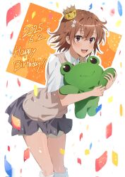 1girl :d brown_eyes brown_hair brown_sweater_vest ci31205 collared_shirt commentary_request confetti crown dated gekota grey_skirt happy_birthday highres holding holding_stuffed_toy leaning_forward medium_hair mini_crown miniskirt misaka_mikoto open_mouth pleated_skirt school_uniform shirt short_sleeves shorts shorts_under_skirt simple_background skirt smile solo stuffed_animal stuffed_frog stuffed_toy summer_uniform sweater_vest toaru_kagaku_no_railgun toaru_majutsu_no_index tokiwadai_school_uniform v-neck white_shirt white_shorts