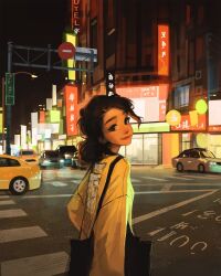 Rule 34 | 1girl, bag, black eyes, brown hair, building, car, city, crosswalk, curly hair, display, forced perspective, highres, looking at viewer, looking back, low ponytail, motor vehicle, no entry sign, original, pedestrian lights, ponytail, road, road sign, sam yang, shoulder bag, sign, smile, solo, street, sweater, tote bag, upper body, yellow sweater