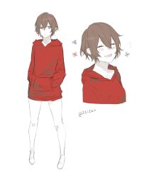 1other 23i2ko :d blue_eyes blush brown_hair closed_eyes double-parted_bangs hair_between_eyes hands_in_pockets head_tilt highres hood hood_down hoodie multiple_views open_mouth original oversized_clothes red_hoodie short_hair smile spread_legs standing twitter_username