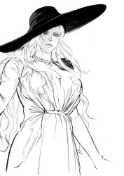 1girl alcina_dimitrescu alcina_dimitrescu_(cosplay) alternate_costume blue_eyes breasts cleavage commentary cosplay cowboy_shot dress expressionless final_fantasy final_fantasy_xiv from_below greyscale hat hatching_(texture) hebi86070749 heterochromia highres inoue_kikuko jewelry large_breasts long_hair looking_at_viewer mixed-language_commentary monochrome neck_ring resident_evil resident_evil_village simple_background solo spot_color standing venat_(ff14) voice_actor_connection wavy_hair white_background