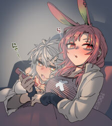 2girls animal_ears blanket blush breasts cellphone ergot from_side grey_background grey_hair hair_ornament hairclip holding holding_phone jacket medium_breasts multiple_girls open_mouth original phone pillow rabbit_ears red_eyes red_hair simple_background smartphone yellow_eyes