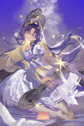 1girl absurdres bare_shoulders bird blonde_hair blue_eyes blue_hair blue_sky closed_mouth cloud colored_inner_hair dress floating_hair from_side full_body gudok hair_intakes hair_ornament highres holding holding_instrument instrument juliet_sleeves kneeling kokoshnik kuruma1892 long_hair long_sleeves looking_at_viewer multicolored_dress multicolored_hair official_alternate_costume pantyhose puffy_sleeves reverse:1999 ripples sky smile solo star_(symbol) star_hair_ornament turning_head very_long_hair voyager_(choir_of_the_stars)_(reverse:1999) voyager_(reverse:1999) water white_bird white_dress white_pantyhose