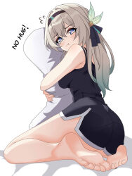 1girl :t barefoot black_hairband black_shorts breasts crop_top english_text firefly_(honkai:_star_rail) gradient_hair grey_hair hair_between_eyes hair_ornament hairband highres honkai:_star_rail honkai_(series) hug hugging_object maxwelzy multicolored_hair pillow pillow_hug pink_eyes pout seiza shorts simple_background sitting sleeveless white_background