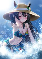 Rule 34 | 1girl, absurdres, bikini, blue bikini, blush, breasts, cleavage, commentary request, floral print bikini, green eyes, grin, hair ornament, hat, highres, horse girl, long hair, looking at viewer, manjo (warito), medium breasts, navel, ocean, official alternate costume, one eye closed, satono crown (sunny island splendor) (umamusume), satono crown (umamusume), sky, smile, solo, straw hat, sun, swimsuit, umamusume, wet