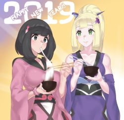 2girls black_eyes black_hair blonde_hair blunt_bangs bowl braid breasts chopsticks creatures_(company) detached_sleeves eating food french_braid game_freak green_eyes high_ponytail highres holding holding_chopsticks japanese_clothes kimono lillie_(pokemon) long_hair mizuumi_(bb) mochi multiple_girls new_year nintendo pokemon pokemon_sm ponytail selene_(pokemon) short_hair smile soup zouni_soup
