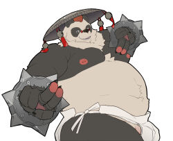 1boy animal_ears bara bell belly black_fur bracelet claws commentary covered_testicles english_commentary fangs fat fat_man fundoshi furry furry_male highres hugothecorgo japanese_clothes jewelry jingle_bell kung_fu looking_at_viewer male_focus multicolored_fur navel nipples open_mouth pan_yinhu panda_boy panda_ears pawpads pectorals penis penis_peek round_eyewear smile spiked_bracelet spikes topless_male white_background white_fur wok zenless_zone_zero