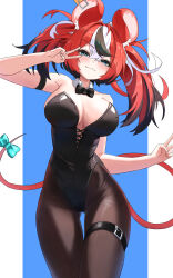 1girl :3 absurdres animal_ears arm_strap bare_shoulders belt black_leotard blue_eyes bow bowtie breasts brown_pantyhose cleavage closed_mouth cowboy_shot detached_collar gluteal_fold hakos_baelz hand_up highleg highleg_leotard highres hololive hololive_english large_breasts leotard long_hair looking_at_viewer mouse_ears mouse_girl mouse_tail nokde nontraditional_playboy_bunny outside_border pantyhose pillarboxed red_hair skindentation smile solo strapless strapless_leotard tail thigh_belt thigh_gap thigh_strap twintails v virtual_youtuber