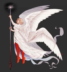 1girl aatom87 alternate_costume artist_name blonde_hair breasts commentary dungeon_meshi english_commentary falin_touden falin_touden_(chimera) feathered_wings feathers full_body fur_dress highres holding holding_staff jewelry large_breasts medium_hair multiple_wings scales solo staff toe_ring wings
