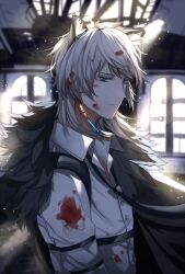 1boy aguaaaaaa animal_ears arknights black_cape black_necktie blood blood_in_hair blood_on_clothes blood_on_face blurry blurry_background cape chest_harness chinese_commentary closed_mouth collared_shirt earrings expressionless from_side fur-trimmed_cape fur_trim grey_eyes hair_between_eyes harness indoors jewelry leopard_boy leopard_ears light_particles long_sleeves looking_at_viewer looking_to_the_side loose_necktie male_focus medium_hair necktie open_collar shirt sideways_glance silverash_(arknights) sleeve_garter solo swept_bangs tassel tassel_earrings upper_body white_hair white_shirt window