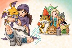 Rule 34 | 1girl, aqua dress, armlet, belt, bianca (dq5), black hair, blonde hair, blue eyes, blue socks, blush, boots, borongo, bracer, braid, breasts, brown eyes, brown hair, cape, cat, cyclops, dragon, dragon quest, dragon quest v, dress, fangs, finger to mouth, full body, gem, grey boots, hair over shoulder, headscarf, hero (dq5), highres, horns, jewelry, licking, licking another&#039;s face, long hair, low ponytail, mallet, medium breasts, monster, murakami yumiko, nose horn, one-eyed, one eye closed, open mouth, orange cape, poi, ponytail, purple scarf, red fur, red gemstone, scarf, single braid, sitting, small fry (dragon quest), smile, socks, spotted fur, tunic, white tunic