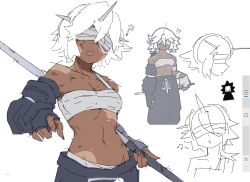 Rule 34 | 1girl, bandages, blindfold, burn scar, dark skin, highres, horns, navel, scar, siphonharapeco, tagme, weapon