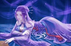 1girl absurdres blanket dress expressionless from_side hand_on_arm highres light lying map on_stomach purple_dress qinshi_mingyue ribbon solo tassel tattoo upper_body zi_nu_(qin_shi_ming_yue) zi_nu_zhuye_jun