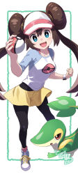 1girl :d blue_eyes bright_pupils brown_hair brown_pantyhose clenched_hand commentary_request double_bun gen_5_pokemon hair_bun hand_up happy highres long_hair nintendo open_mouth pantyhose pokemon pokemon_(creature) pokemon_bw2 raglan_sleeves rosa_(pokemon) shirt shoes shorts smile snivy tokumaro tongue twintails visor_cap white_background white_pupils yellow_shorts