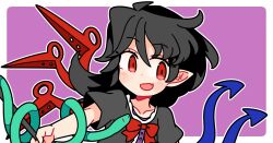 1girl :d asymmetrical_wings black_hair black_shirt blue_wings blush border bow bowtie collarbone commentary fang holding holding_weapon houjuu_nue ini_(inunabe00) looking_at_viewer open_mouth outline outside_border pointy_ears purple_background red_bow red_bowtie red_eyes red_wings shirt short_hair short_sleeves simple_background skin_fang smile snake snake_wrapped_around_arm solo touhou upper_body weapon white_border white_outline wings